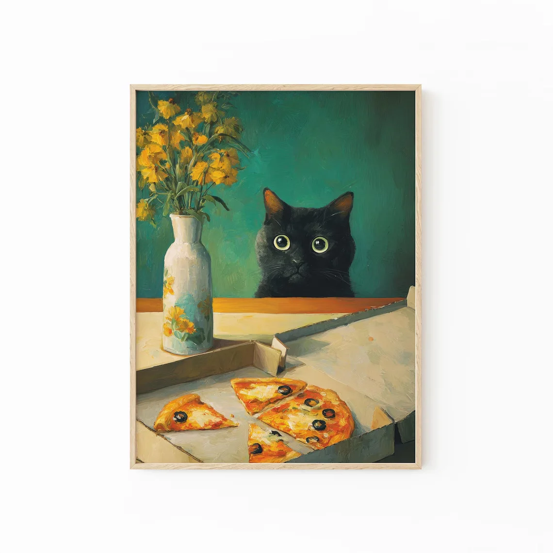Gemütliche Wandkunst mit Katze und Pizza – Bezaubernder Druck, der den Alltagsglück des Alltags feiert. Der tiefblaugrüne Hintergrund und die goldgelben Blumen
