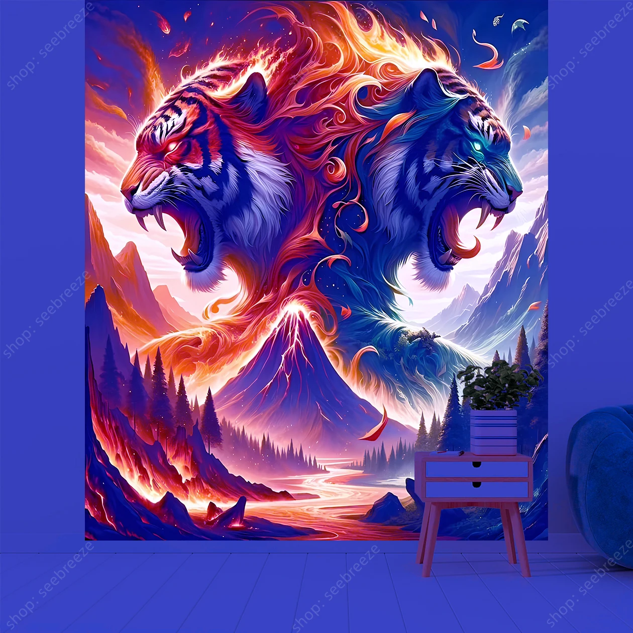 Animal Tapestry Psychedelic Tiger UV Reactive Tapestry Wall Hanging Hippie Tapiz Psychedelic Art Background Home Wall Decor