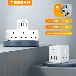 Adapter wtyczki TESSAN UK z podwójną wtyczką, 2-kierunkowe gniazdka z 3 zabezpieczeniami przeciwprzepięciowymi USB, gniazdo ścienne z wieloma wtyczkami 13A Cube do domu