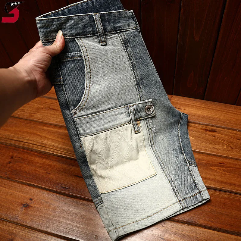 High-End Locomotive Denim Shorts for Men2024Summer Fashion Personality Stitching Design Casual Stretch Retro Cropped Pants