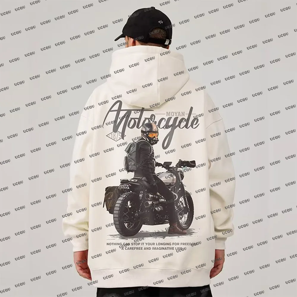 

Autumn Winter New Motorcycle Warm Hoodies For Men Street Motorcycle Pullover Classics Retro Oversized Loose Cotton Hooded Tops