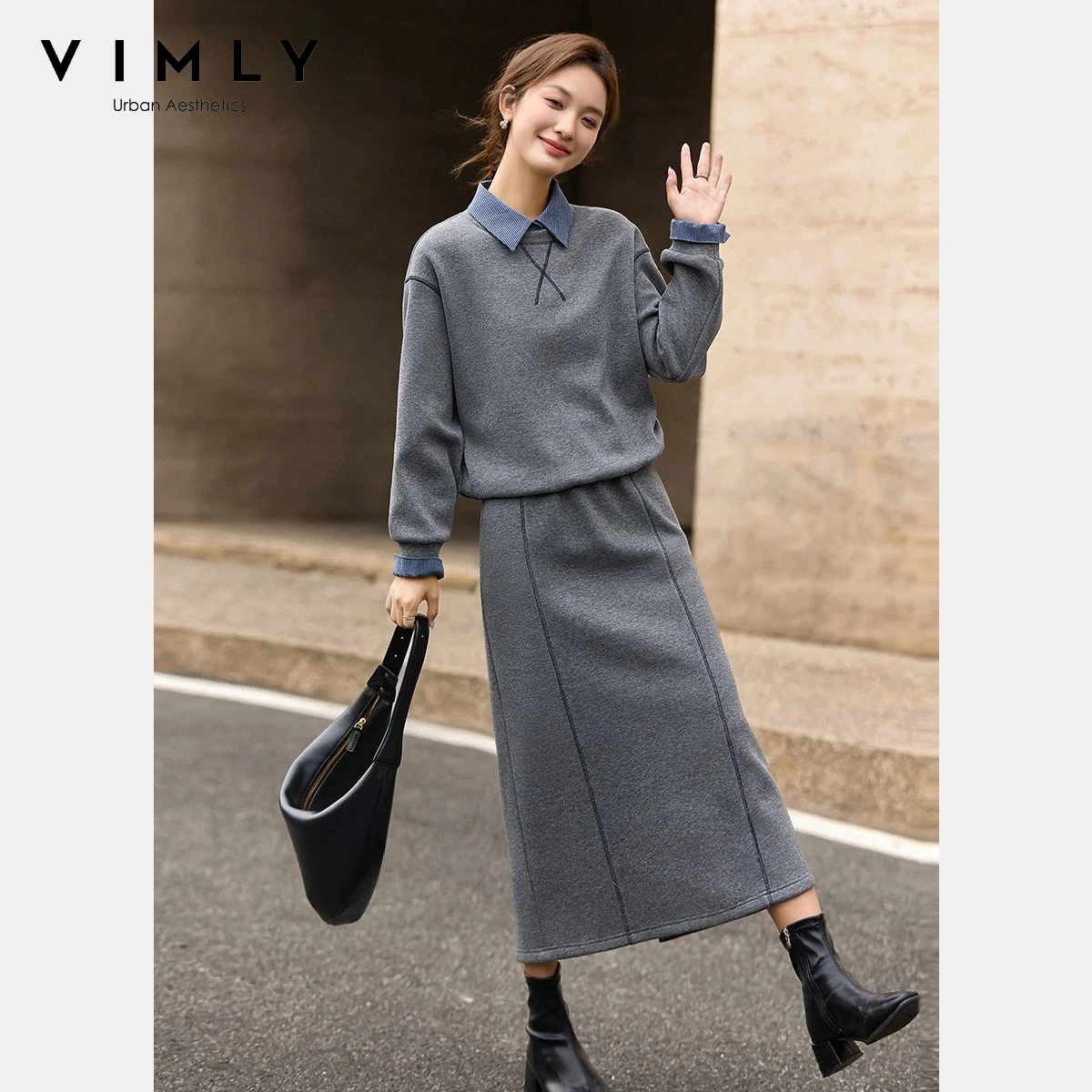 

VIMLY женский комплект спортивной одежды из двух предметов, зимний свитшот на флисовой подкладке 2025, длинная юбка трапециевидной формы, повседневная женская одежда A3573