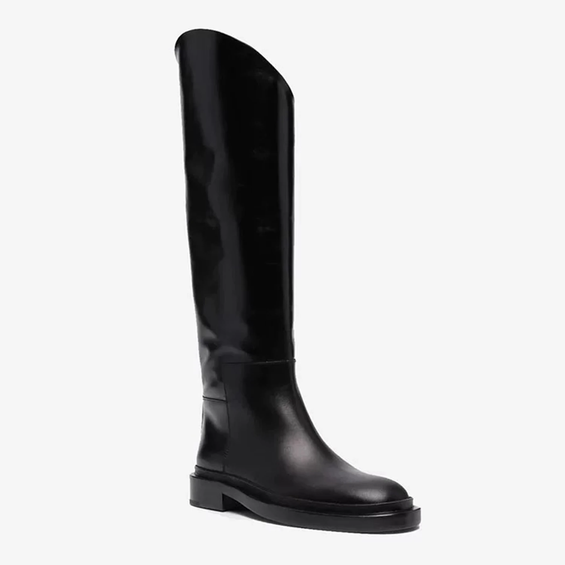 Krazing Pot Super Big Size 45 Cow Leather Chunky Med Heel Round Toe Riding Boots Winter Warm Shoes Casual Women Thigh High Boots