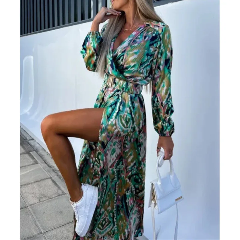 Autumn Women Floral Print Long Dress Elegant Sexy Deep V-Neck High Split Belted Dress Female Vintage Boho Long Sleeve Party Robe