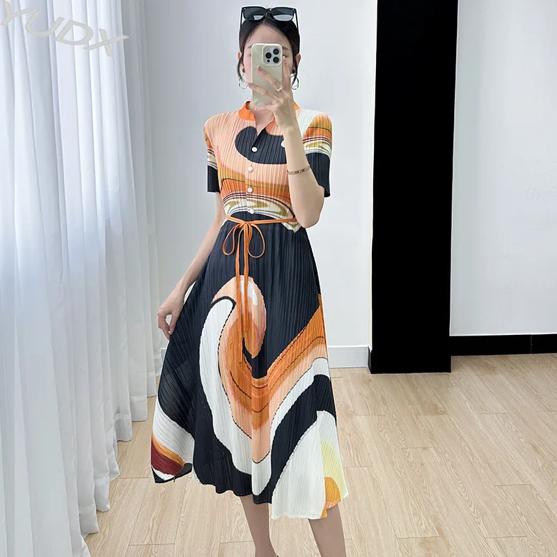 

YUDX Miyake Pleated Dress Women 2023 Summer New High-end Design Printing Fashion Casual Temperament Commuter A-line Long Skirt