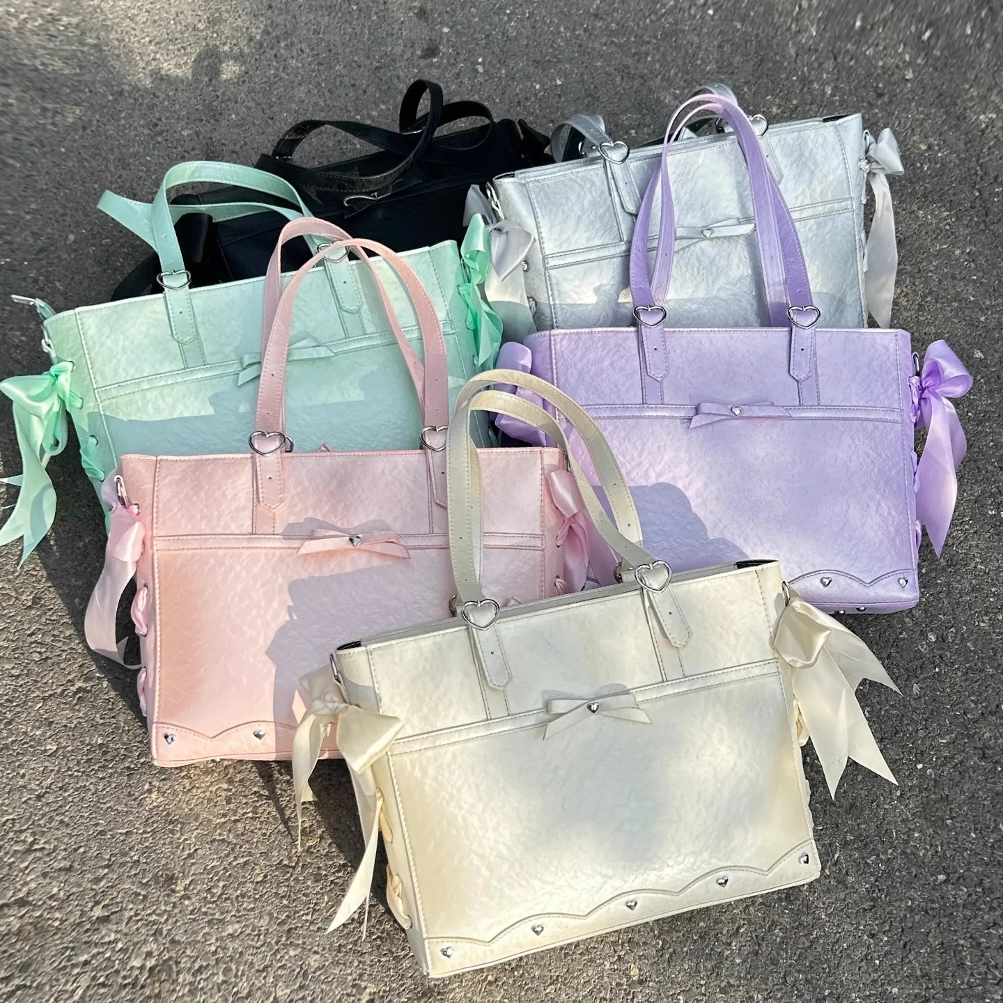 JIAERDI Harajuku Sweet Cute Bow Handbag Women Ribbon Studded Large Capacity Shoulder Bags Ladies Subculture Anime Ita Bag 2025