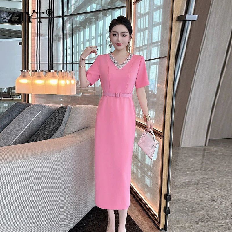 

ZJYT Elegant Beading V Neck Luxury Formal Occasion Party Dresses for Women Red Pink Short Sleeve Straight Midi Dress Summer 2025