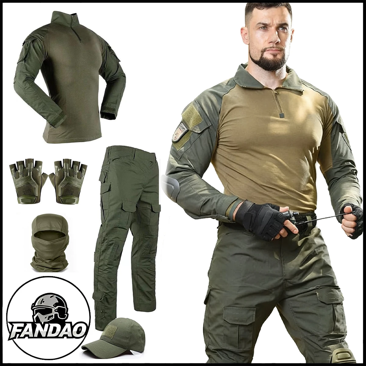 

Men's Camo Tactical Suit with Combat Pants Shirt Cap Gloves Balaclava for Airsoft Shooting Paintball Military Training Hunting