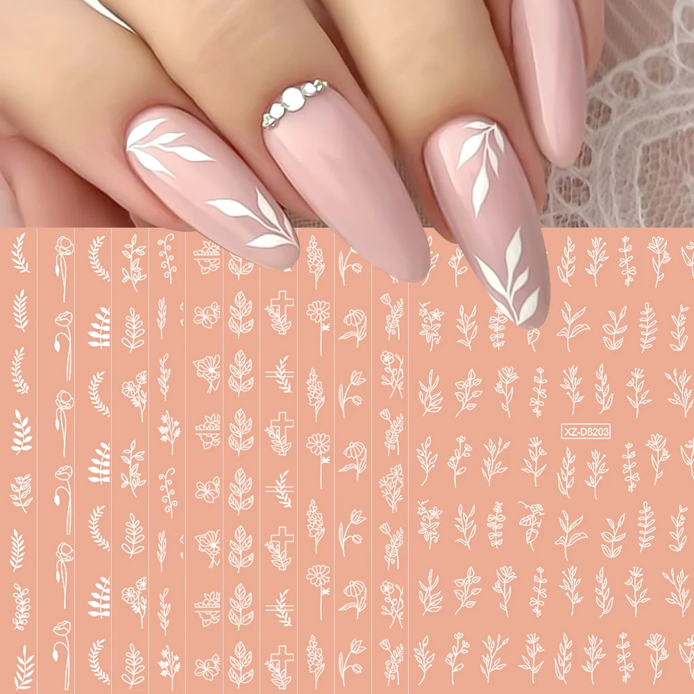 12pcs 3D Vintage White Leaves Flowers Nail Stickers 3D Self- Adhesive Retro Flower Rose Nail Decals 8*10cm Leaf Nail Supplies D9