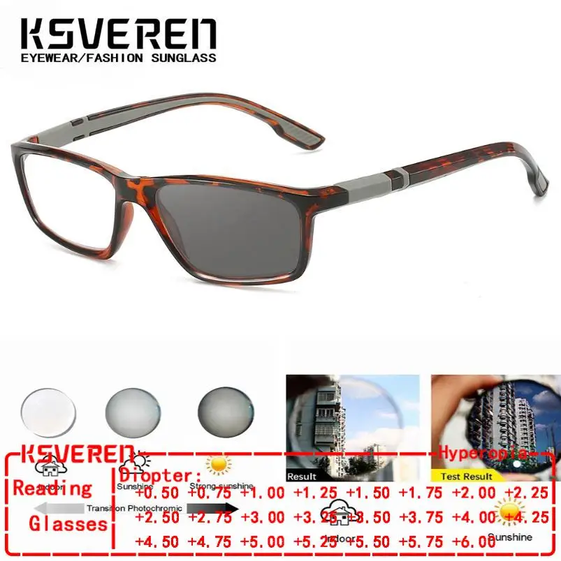 KSVEREN Photochromic Sports Reading Glasses For Men Classic Sunshade Sunglasses Women Square Frame Presbyopic Readers +2.0 +3.0