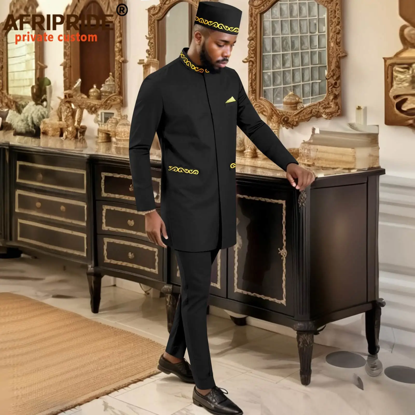 

African Suits for Men Slim Fit Dashiki Blazer Pant and Hats 3 Piece Set Embroidery Outfits Wedding Attire Match Clothes 2416016