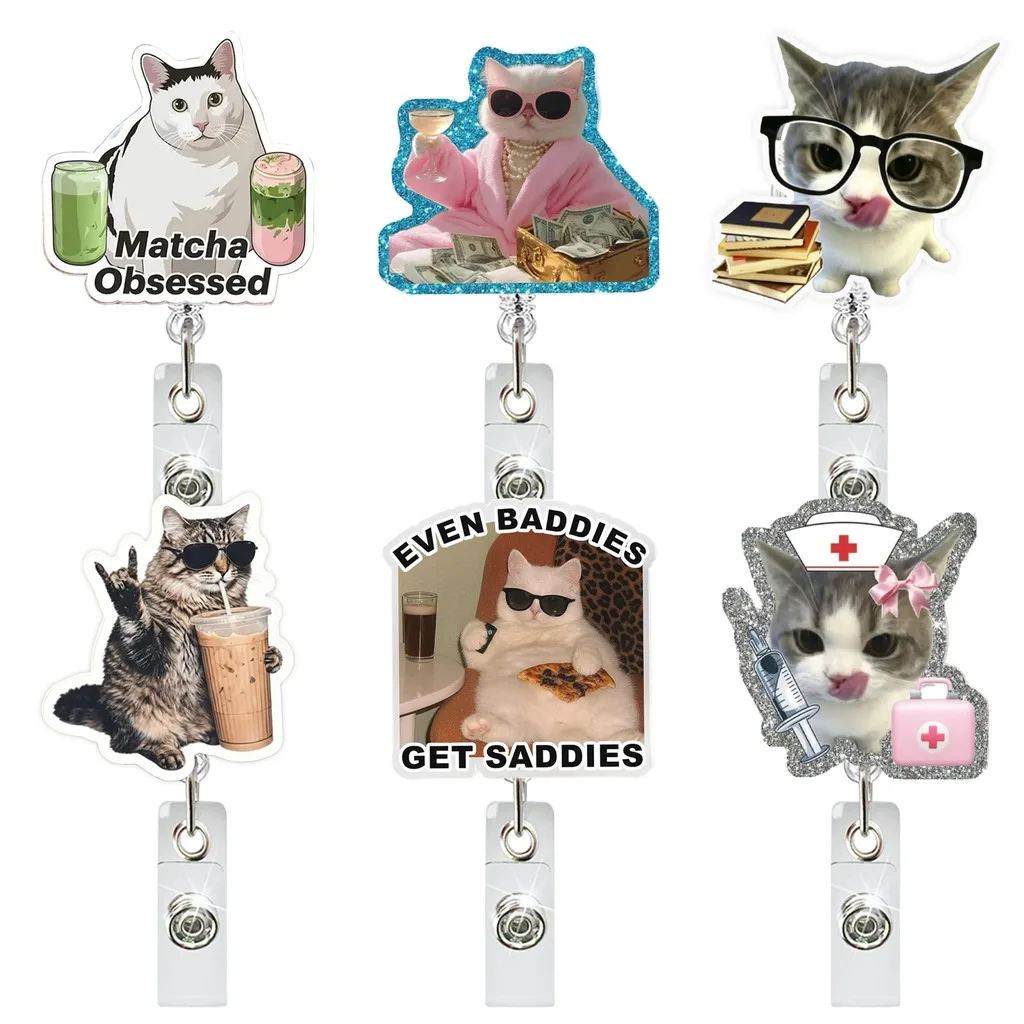 Retractable Funny Cute Cat Pattern Acrylic Badge Reel With Metal Alligator Clip For Nurse Id Holder Medical Office School Work