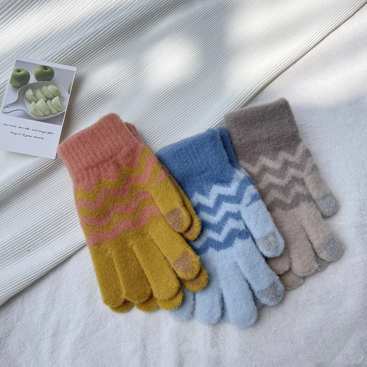 Touchscreen Handschoenen Dames Verdikt Gebreid Warm Mode Golvend Patroon Vijf vingers Imitatie Nertsen Lange vinger Handschoenen Groothandel