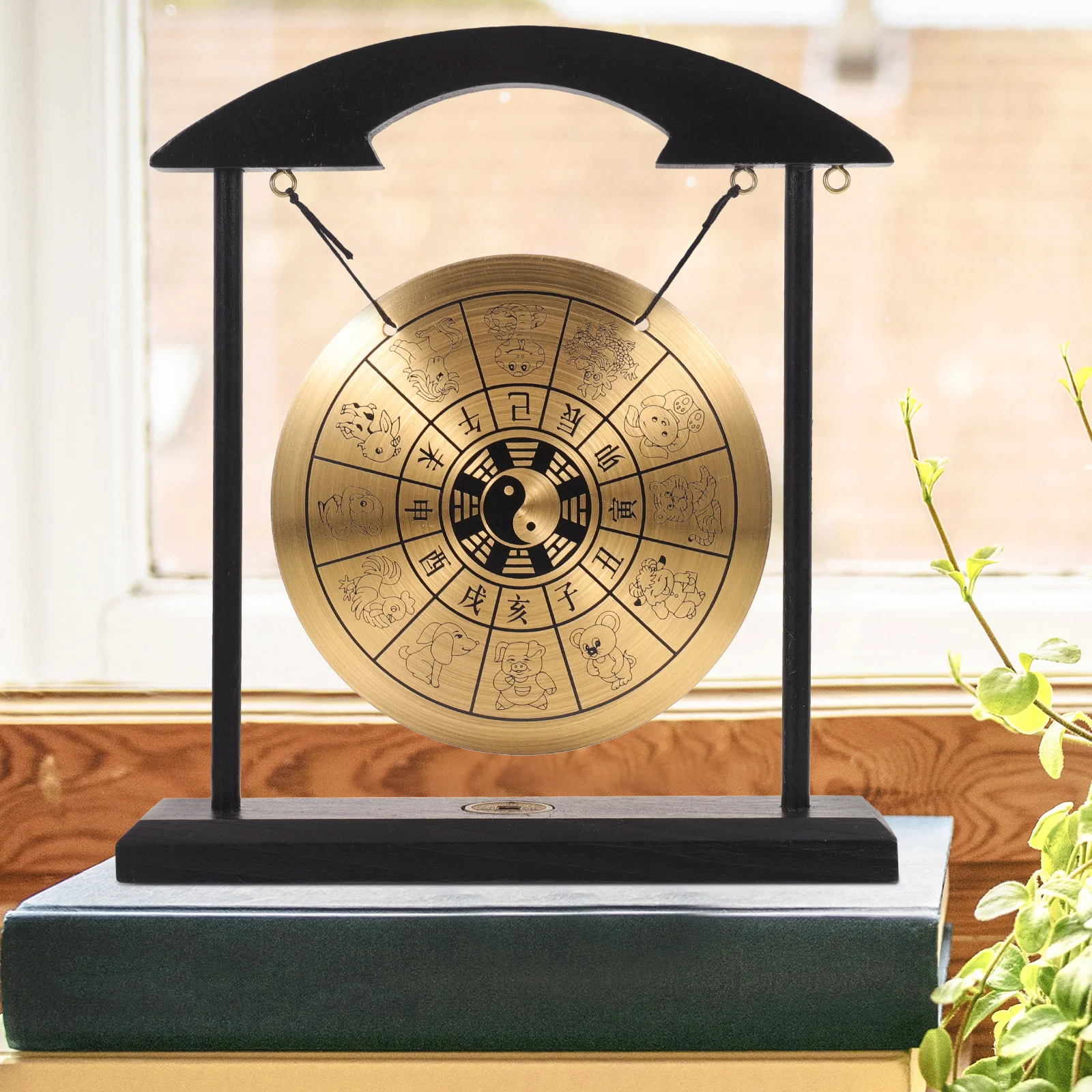 Vintage Gong Decor Traditional Percussion Alloy Wood Desktop Adornment Home Office Space Saving Smooth Exquisite Unique