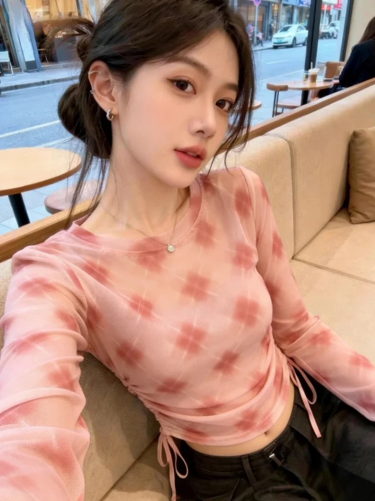 

Pink Plaid Print Long Sleeve Mesh T-Shirt Women's Early Spring New Style Drawstring Waist Thin Top Self-Keeping Model Korean ...