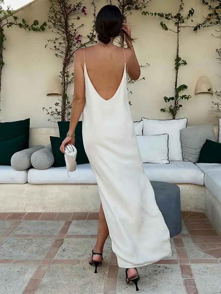 Abito lungo da donna elegante con spacco bianco da donna Sexy senza schienale senza maniche abiti estivi 2024 abiti da vacanza al mare femminili