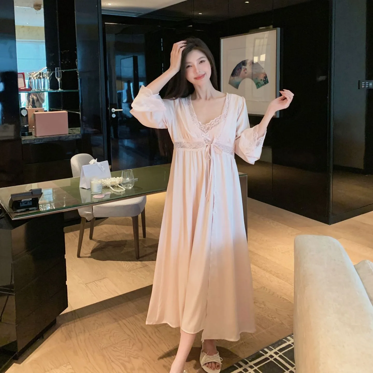 

Female Lace Patchwork Long Robe Set Nightgown Silky Ice Silk Sleepwear Homewear Nightdress Loungewear