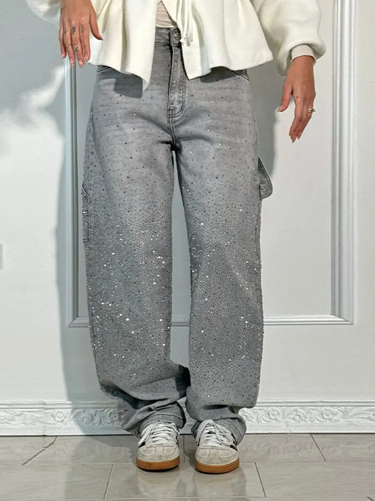 パンツ wide baggy rhinestones slacks Chic Rhinestone Women's Jeans Y2k Street Oversize Loose Shining