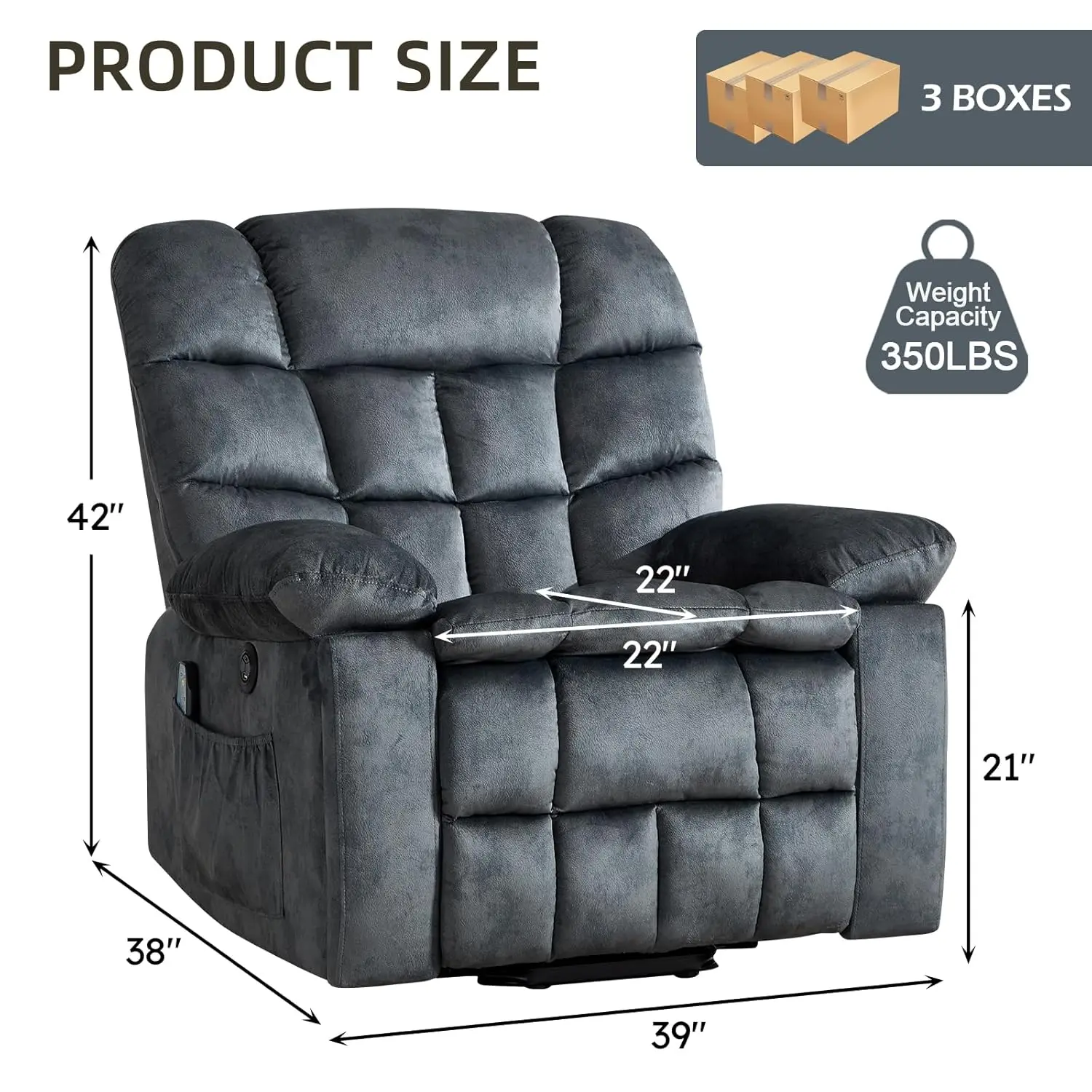 #Power Lift Recliner Massage Heat USB TypeC 2 Pockets Cup Holders Living Room Green Gray, Customized