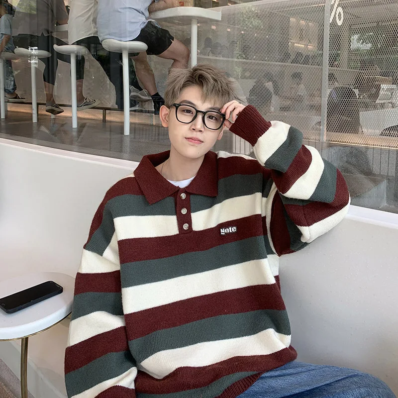 

Мужской вязаный шерстяной свитер свободного кроя с полосатым узором, осенняя новинка, модная верхняя одежда для подростков