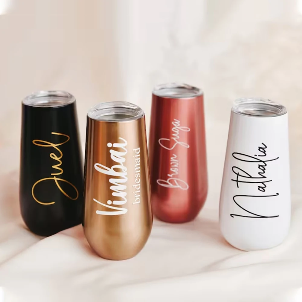 

6oz Personalized Flute Tumblers Custom Stainless Tumbler Champagne Bachelorette Party Wine Cup Bridesmaid Proposal Bridal Favors