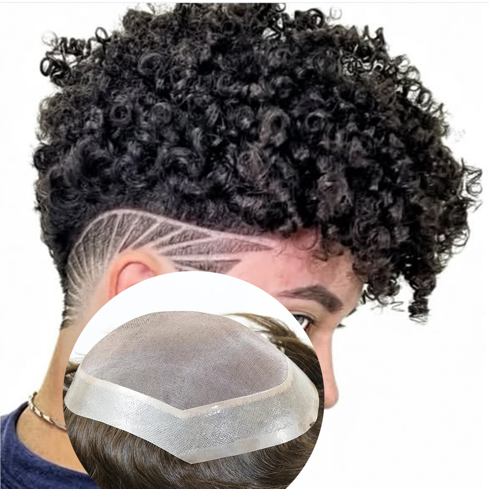 

Afro Hairstyle 8mm/15mm Men Kinky Curly Comfort Mono Lace PU Black Brown #4 HumanHair African American Toupee for Male Hair Loss