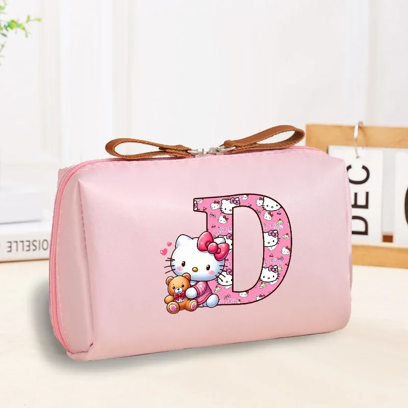 حقيبة مستحضرات التجميل سانريو هالو كيتي رسالة A-Z مطبوعة للنساء حقائب مكياج بلون سادة حقيبة أدوات الزينة مقاومة للماء حقيبة يد بسحاب للسفر
