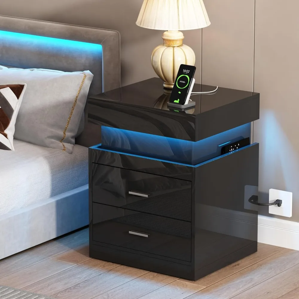 LED Nightstand with Charging Dock, Sliding Top Storage and 2 Drawers, Modern High Gloss Side Table