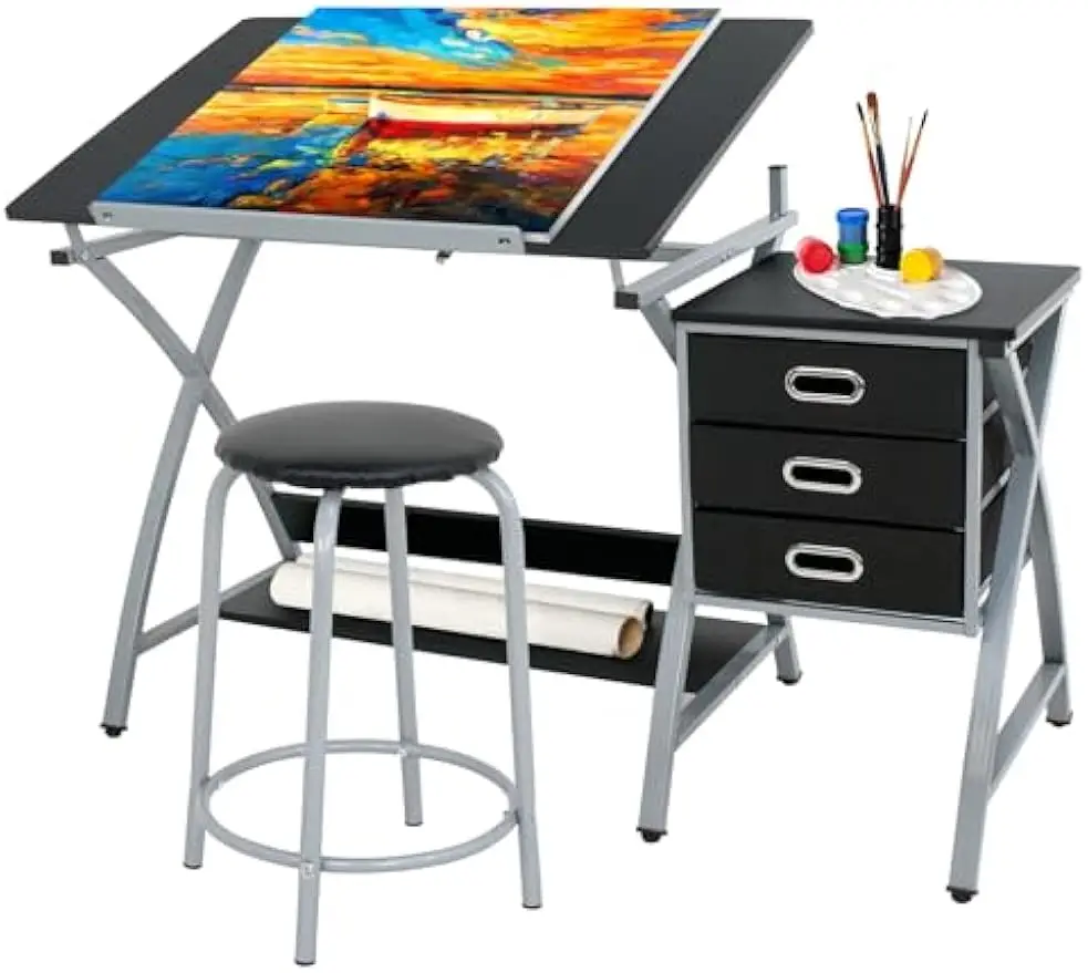 ZENY Drafting Table and Stool, Tilted Draft Table Desk w/Drawers, Artist Drawing Desk Craft Table for Drafting, Painting,Reading