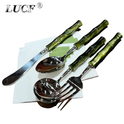 Top Grade Creative Acrylic Bamboo Handle Cutlery 4 In 1 Sets 18/8 Mirror Steel Polish Luxury Silverware Dinnerware For Kitchen