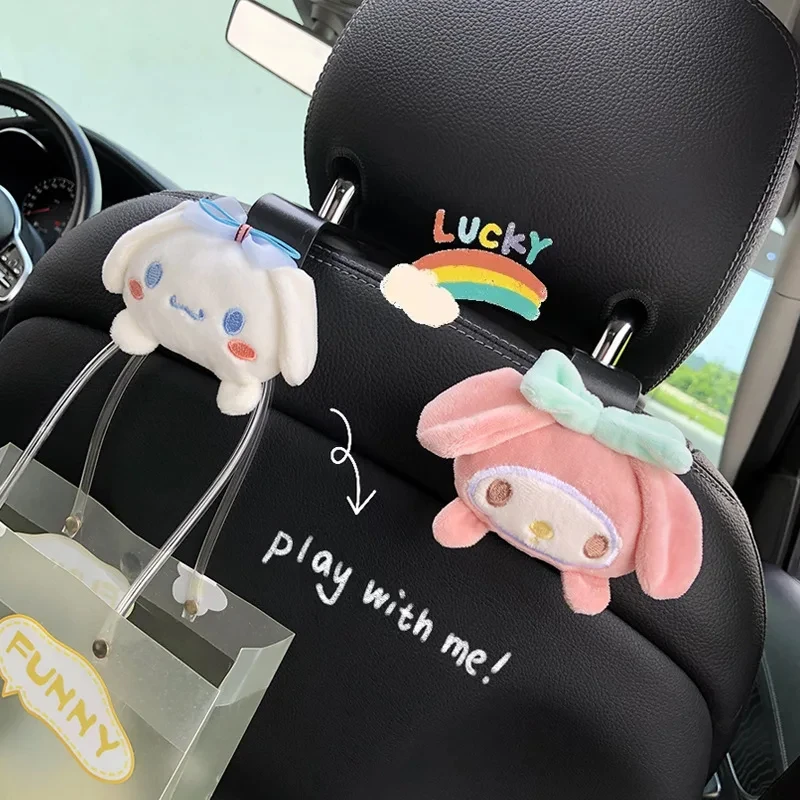 Cute Sanrio Anime Kuromi Cinnamoroll Melody Plush Car Seat Headrest Hook Auto Back Seat Organizer Storage Holder Car Accessories