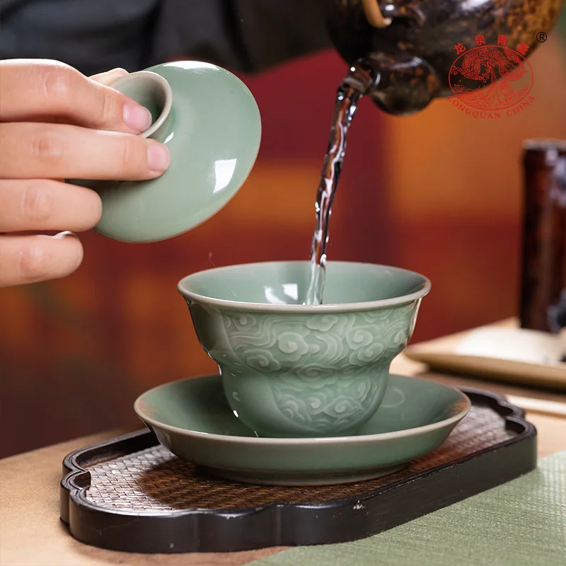 High Quality Celadon Gaiwan Sancai Tea Cup Handmade Large Capacity Brewing Bowl Ceramic High-Grade Hand Grip with Lid