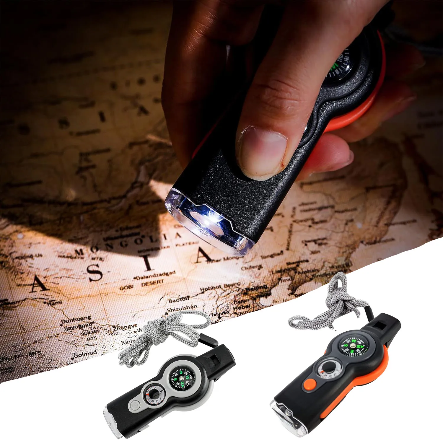 

7 in 1 Emergency Safety Whistle with Lanyard Multifunctional Tool Multi-Functional LED Outdoor Compass Hiking Electronic Whistle