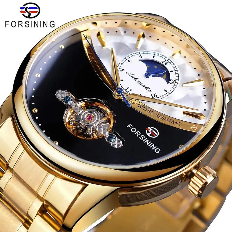 

FORSINING Automatic Movement Mechanical Watches for Men Moon Phase Tourbillon Business Steel Waterproof Mens Watch Reloj Hombre