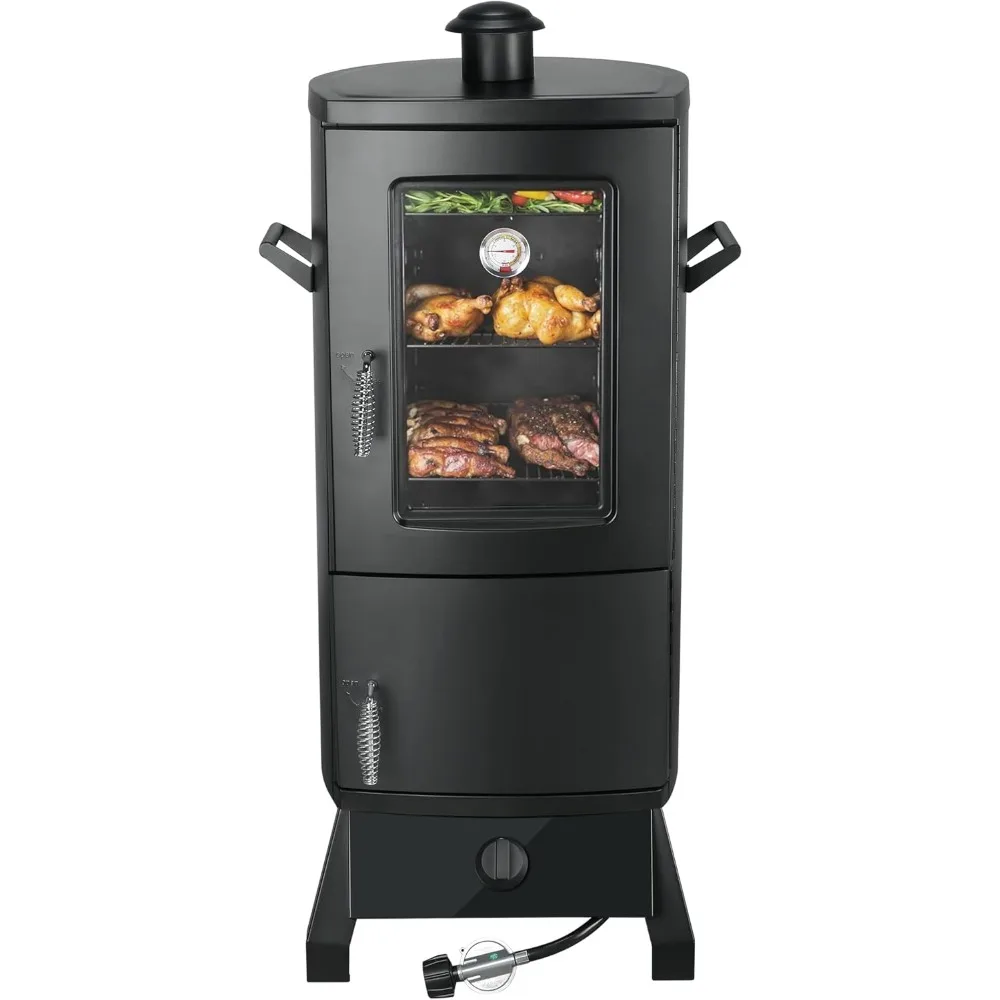 

Курильщик на пропане с защитной крышкой, вертикальный газовый курильщик для мяса, гриль с контролем температуры, уличные 3 съемные стеллажи для курения