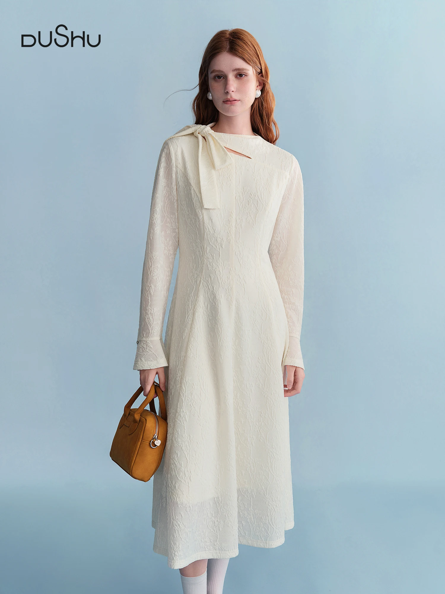 

DUSHU Embossed Textured Ribbon Beige Dress Women Plump Temperament Mid-calf French Style Long Sleeve Elegant Commuting Solid