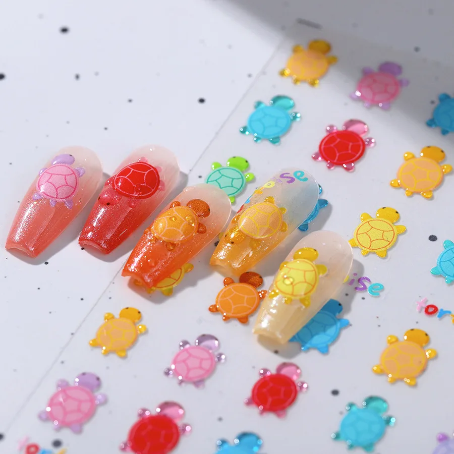 Kawaii Cartoon Colorful Little Tortoise Nail Stickers Jelly 3D Self-Adhesive Nail Art Decal Design Manicure Tool 1 Sheet