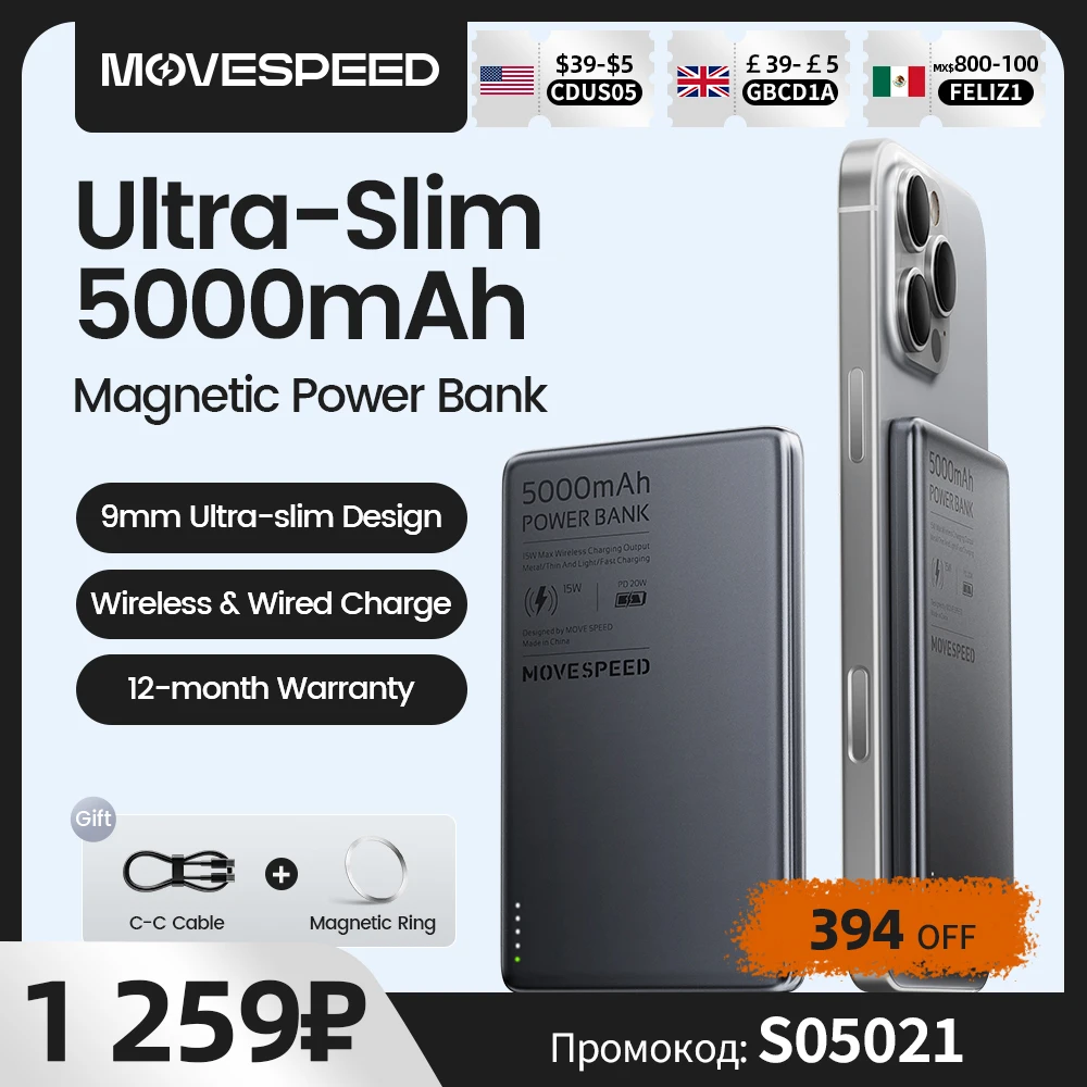 MOVESPEED S05 Magnetic Power Bank 5000mAh 20WPD Wireless Powerbank Slim Portable Battery Charger for iPhone 16 15 Samsung 24 23