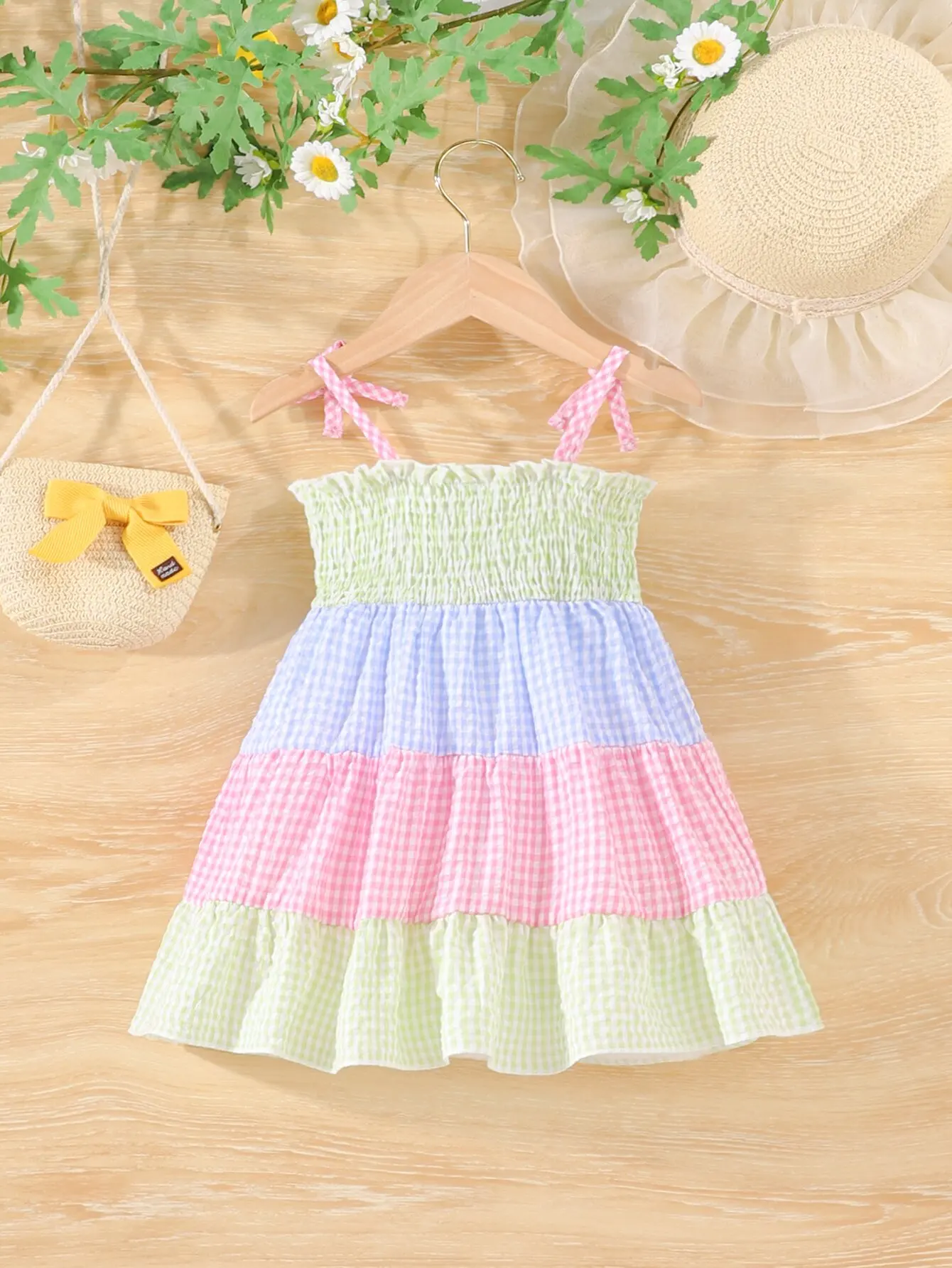 Summer Baby Girl New Cute Sweet Travel Holiday Style Sub Color Patchwork Bow Strap Dress Breathable Cool Casual Dress