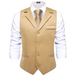 Hi-Tie Champagne Solid V-neck Men Vest With Tie Jacquard Tuxedo Dress Waistcoat Adjustable Jacket Casual Business Party Fashion