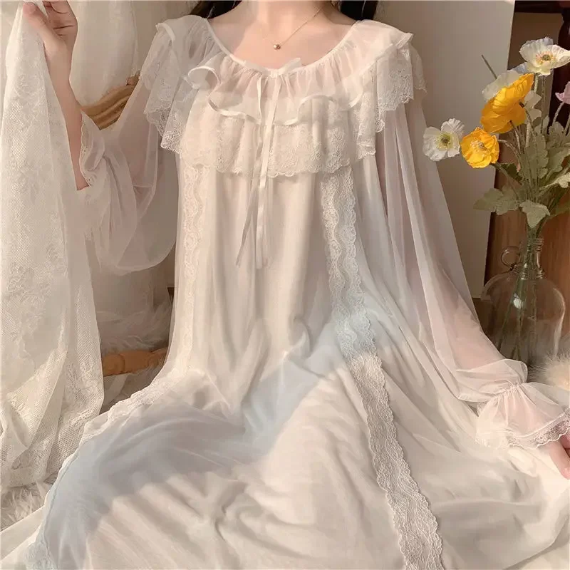 Sleepwear Nightwear Women'S Sweet New Summer Long-Sleeved Sexy Lace Home Clothes Night Gown Sleep Dress