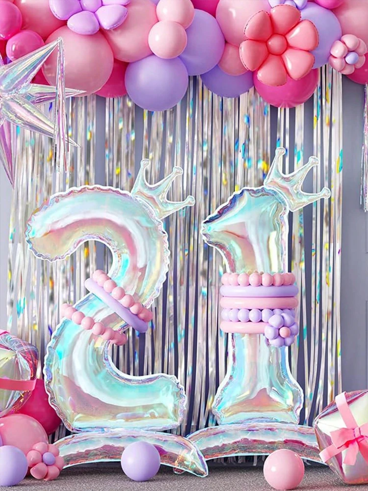 1 szt. 40-calowy przezroczysty balon w kształcie tęczowej korony z podstawą na przyjęcie urodzinowe, rekwizyty fotograficzne, rocznicę, dekoracja wnętrz
