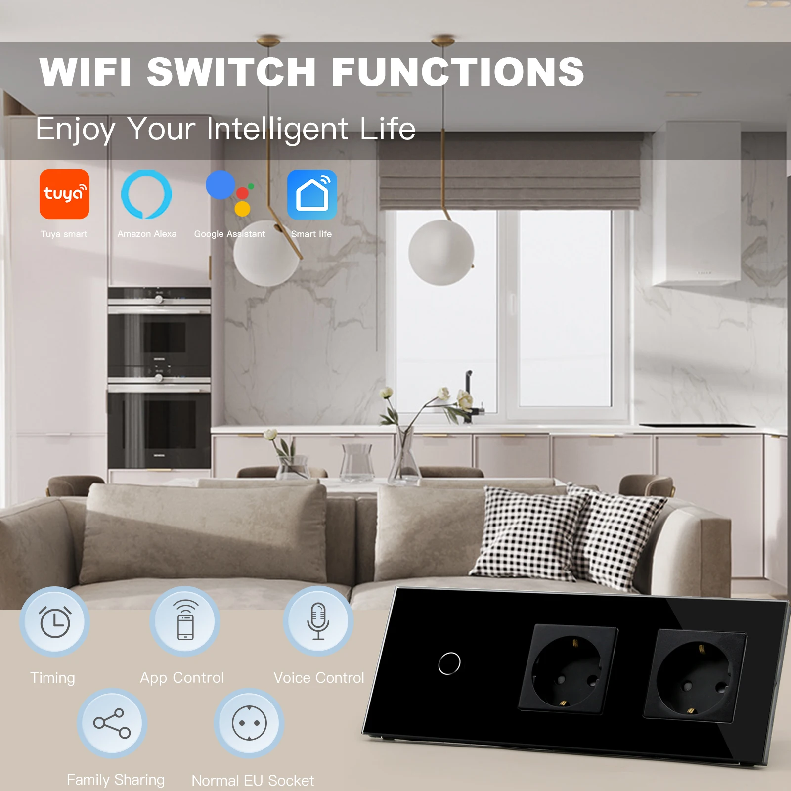 BSEED 1/2/3Gang 1/2/3 way Wifi Switch With Double EU Sockets Without Wifi Crystal Control Alexa Google Home Tuya App