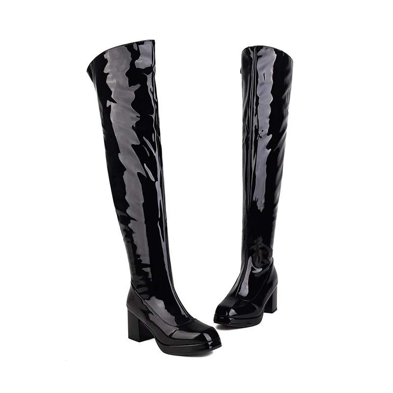 Fashion Patent Leather Candy Color Plus Size Women's Over The Knee Boots Platform Square Toe Square Heel Side Zipper Winter Boot