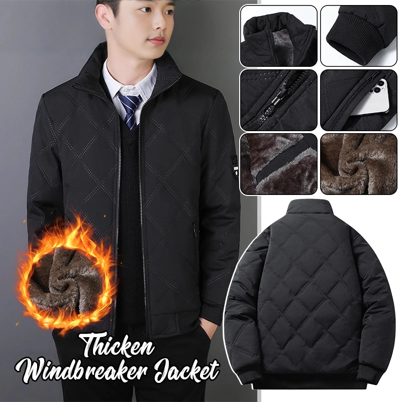 Jaket Kasual Pria Katun Musim Gugur Musim Dingin Desain Manset Tebal Jaket Berkerah Tegak Tahan Angin Jaket Katun Berlapis Berlian Termal