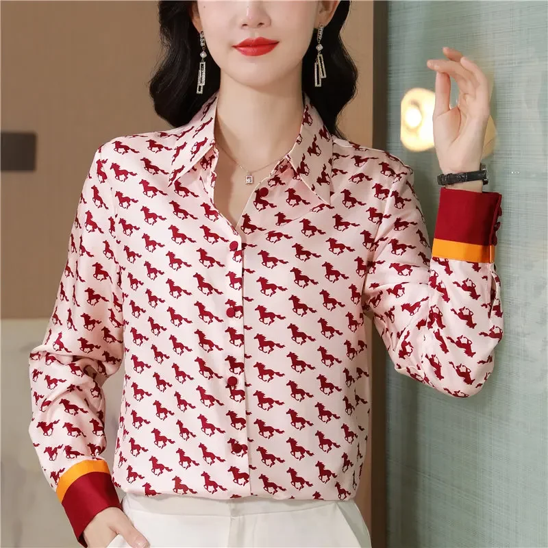 2024 New Elegant Women Blouse Turn-Down Collar Printed Women Shirt  Fashion Color Block Twill Long Sleeve Straight Top for Women