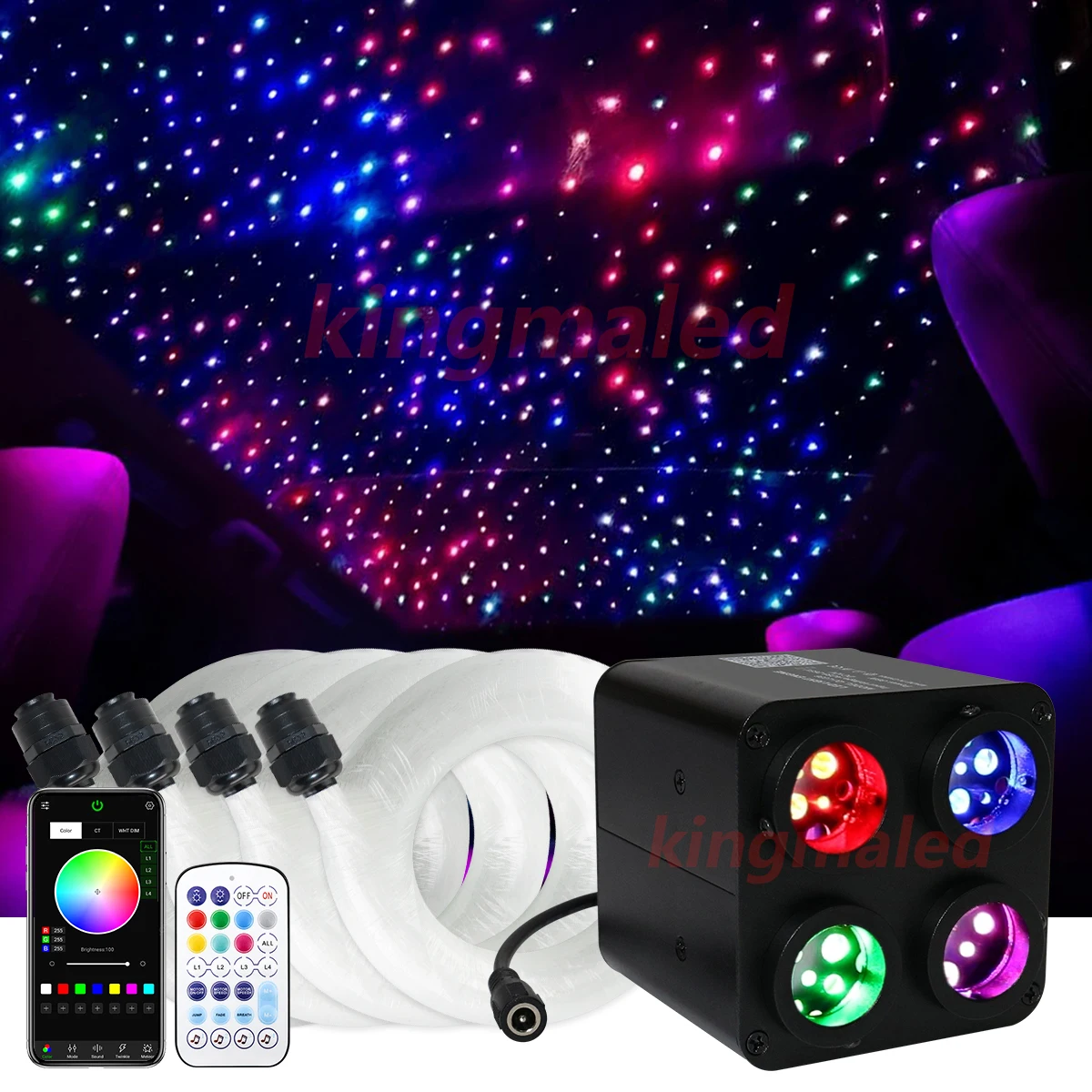 4 Port Twinkle Starry Sky Music Remote Control Fiber Optic Ceiling Kit Smart APP RGBW Car Roof Star Light