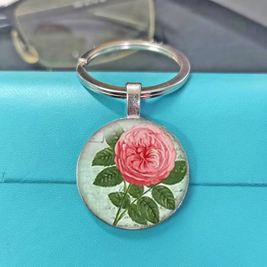 Shabby Chic Nostalgic Retro Keychain Botanical Red Pink Cream Rose Old Script Paper Decor Keyring