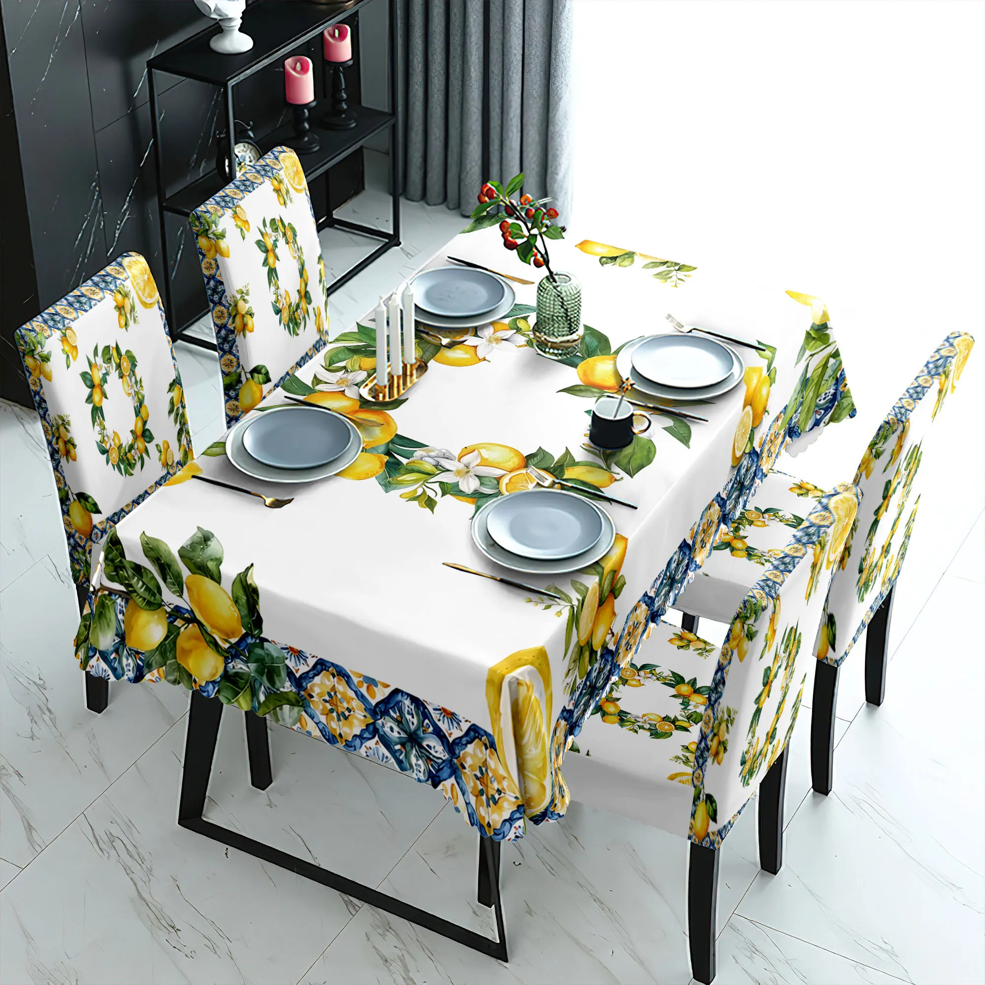 

5/7pcs Citrus Lemon Print Tablecloth Elastic Chair Slipcovers Kitchen Dining Room Decoration