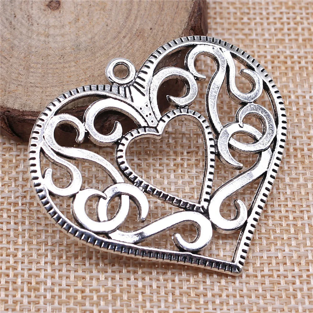 WYSIWYG 2pcs 50x45mm Antique Silver Color Hollow Heart Charms Pendant For DIY Jewelry Making Handmade Jewelry Craft Findings